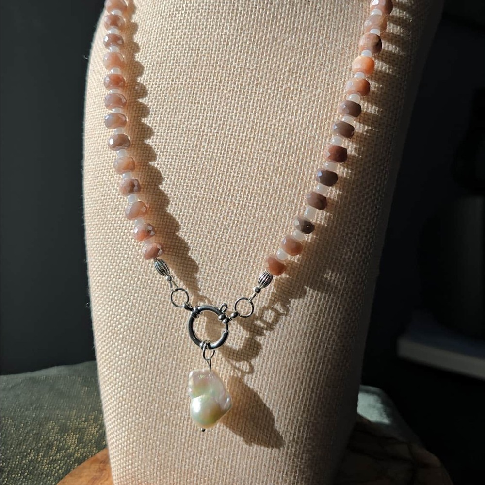 Mystic Moonstone & Freshwater Pearl Necklace - 21.5 inches